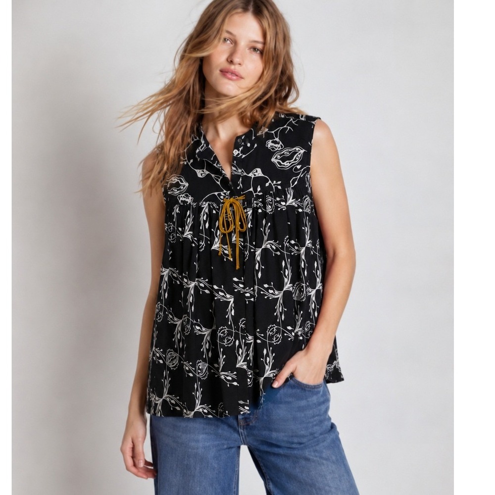 DOROTHEE SCHUMACHER Silk Blend Botanical Tie Neck Sleeveless Blouse Black Sz 2